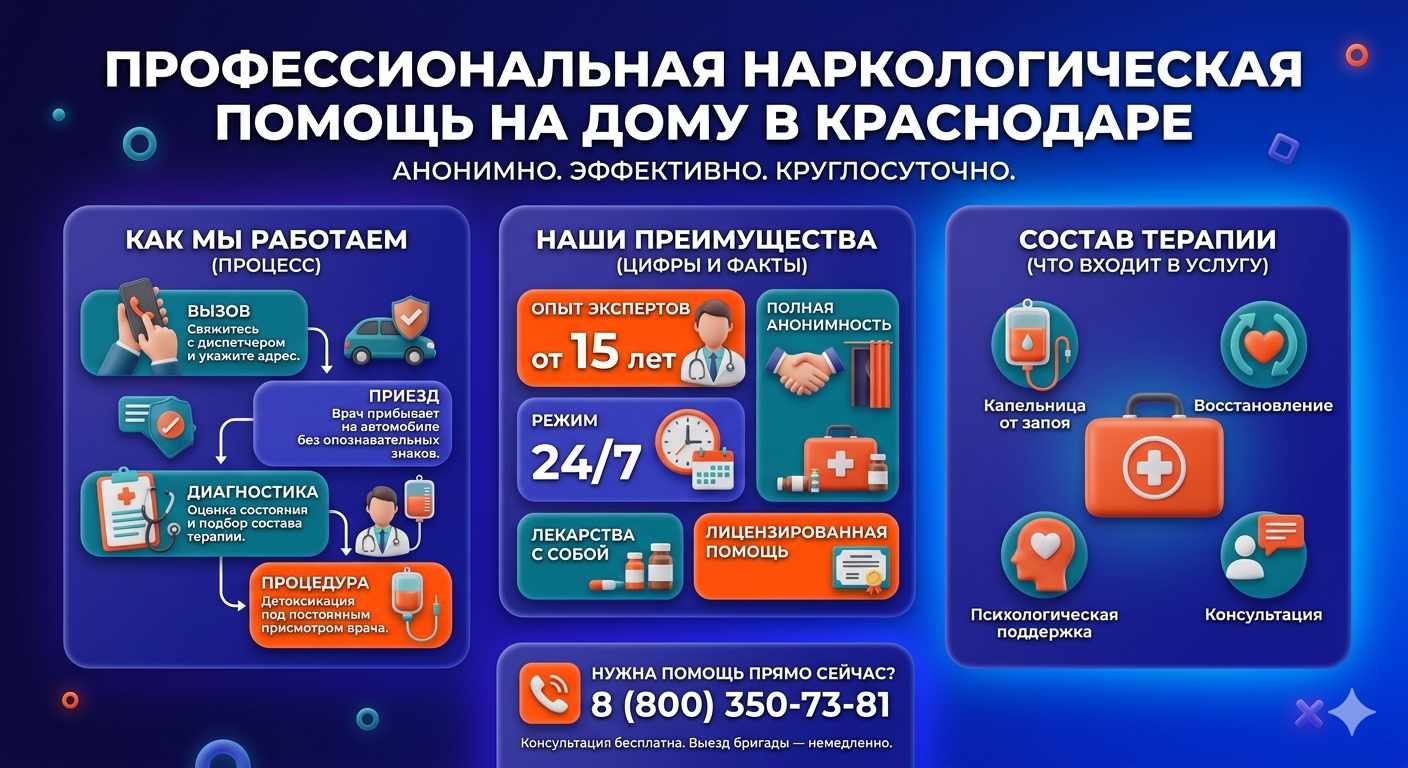 Инфографика о принципах лечения алкоголизма на дому в Кизеле: этапы вызова нарколога, преимущества анонимной детоксикации и состав медицинской помощи.
